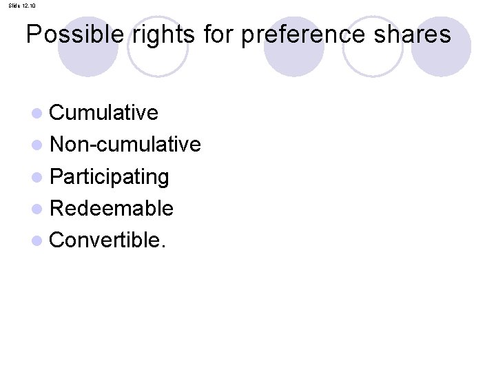 Slide 12. 10 Possible rights for preference shares l Cumulative l Non-cumulative l Participating