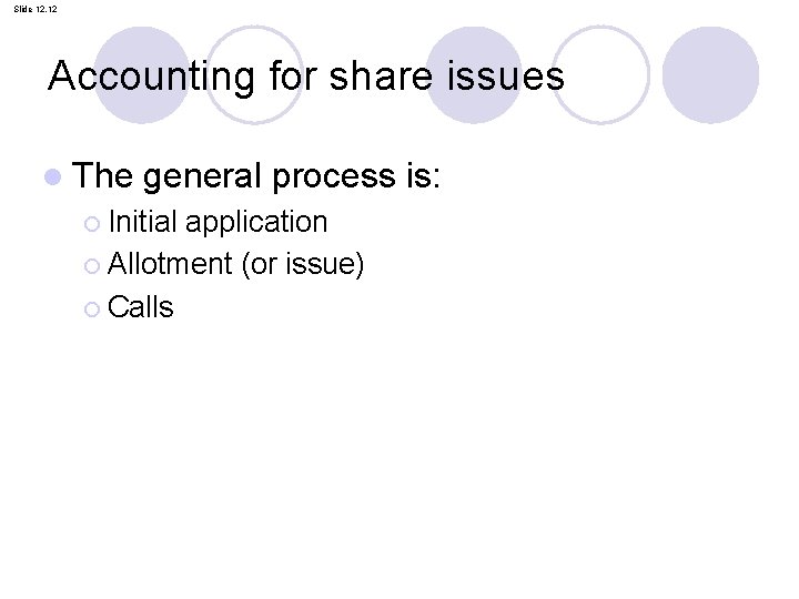 Slide 12. 12 Accounting for share issues l The general process is: ¡ Initial