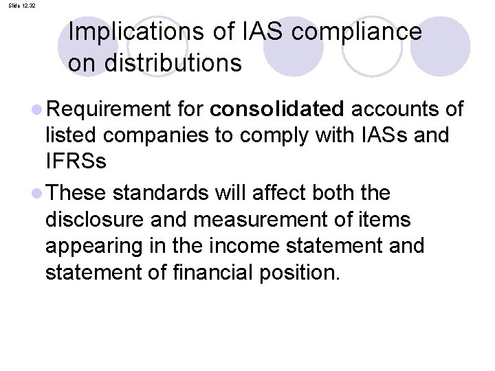 Slide 12. 32 Implications of IAS compliance on distributions l Requirement for consolidated accounts