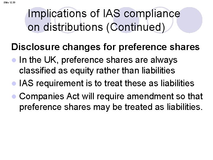Slide 12. 33 Implications of IAS compliance on distributions (Continued) Disclosure changes for preference