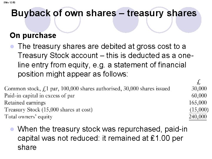 Slide 12. 50 Buyback of own shares – treasury shares On purchase l The