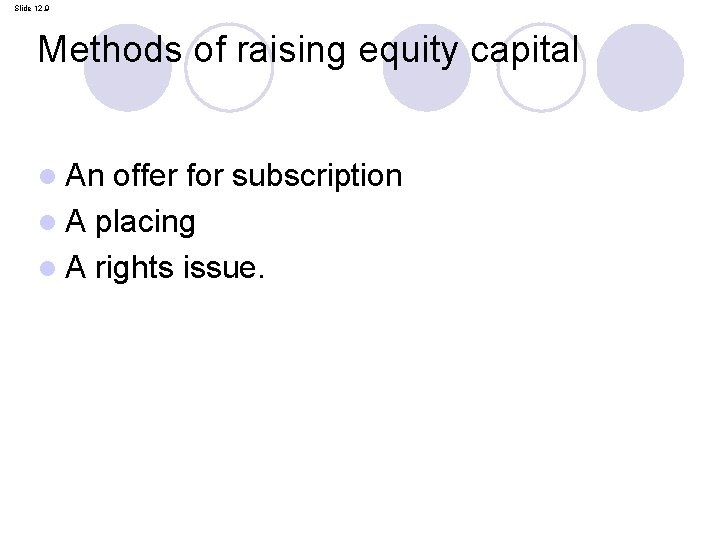 Slide 12. 9 Methods of raising equity capital l An offer for subscription l