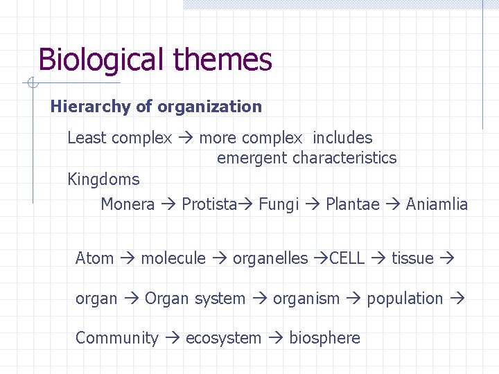 Biological themes Hierarchy of organization Least complex more complex includes emergent characteristics Kingdoms Monera