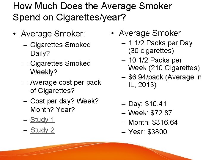 How Much Does the Average Smoker Spend on Cigarettes/year? • Average Smoker: – Cigarettes