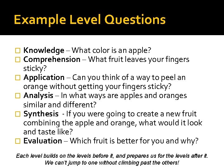 Example Level Questions Knowledge – What color is an apple? Comprehension – What fruit