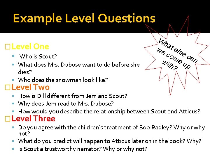 Example Level Questions �Level One Who is Scout? What does Mrs. Dubose want to