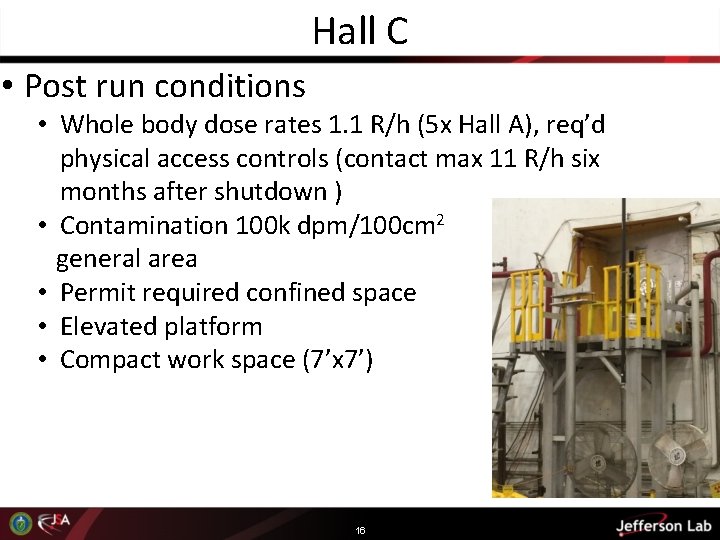 Hall C • Post run conditions • Whole body dose rates 1. 1 R/h