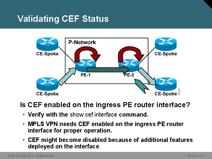 Validating CEF Status Is CEF enabled on the ingress PE router interface? • Verify