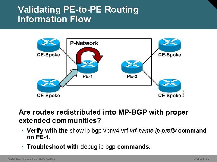 Validating PE-to-PE Routing Information Flow Are routes redistributed into MP-BGP with proper extended communities?