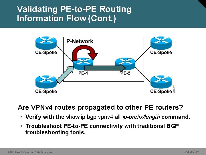 Validating PE-to-PE Routing Information Flow (Cont. ) Are VPNv 4 routes propagated to other