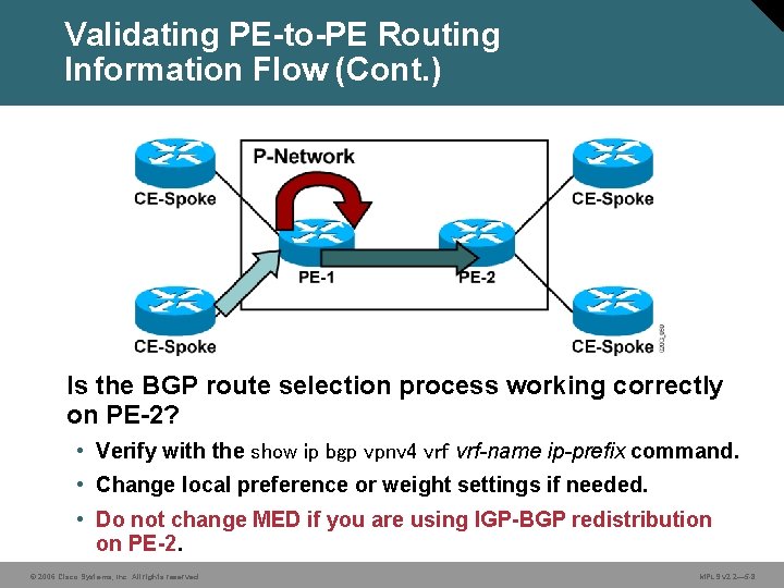 Validating PE-to-PE Routing Information Flow (Cont. ) Is the BGP route selection process working