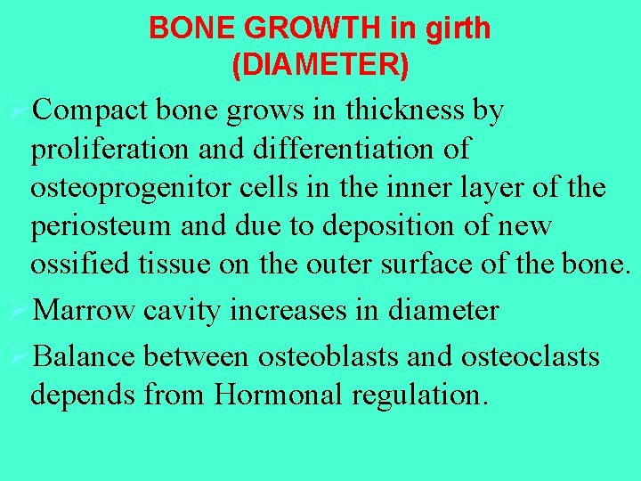 BONE GROWTH in girth (DIAMETER) ØCompact bone grows in thickness by proliferation and differentiation