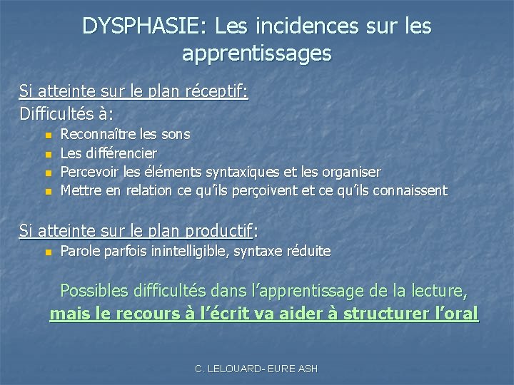 DYSPHASIE: Les incidences sur les apprentissages Si atteinte sur le plan réceptif: Difficultés à: