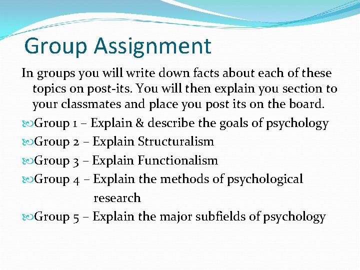 Group Assignment In groups you will write down facts about each of these topics