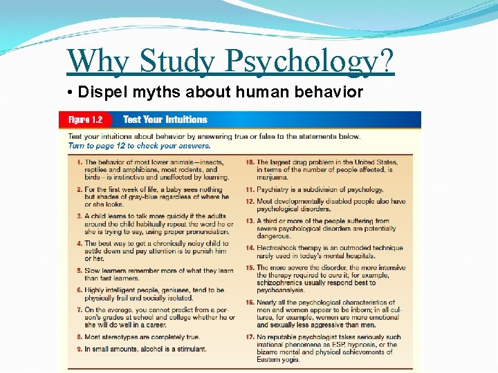 Why Study Psychology? • Dispel myths about human behavior 