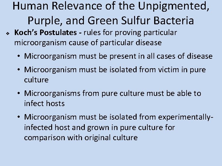 Human Relevance of the Unpigmented, Purple, and Green Sulfur Bacteria v Koch’s Postulates -