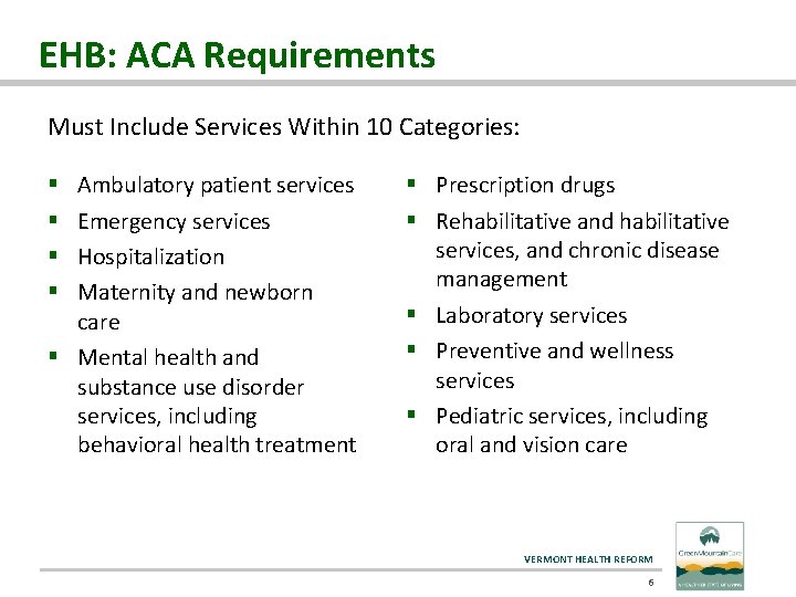 EHB: ACA Requirements Must Include Services Within 10 Categories: Ambulatory patient services Emergency services