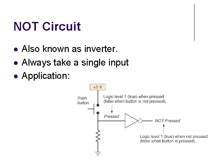 NOT Circuit Also known as inverter. Always take a single input Application: 