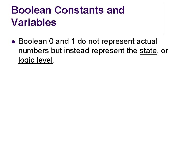 Boolean Constants and Variables Boolean 0 and 1 do not represent actual numbers but