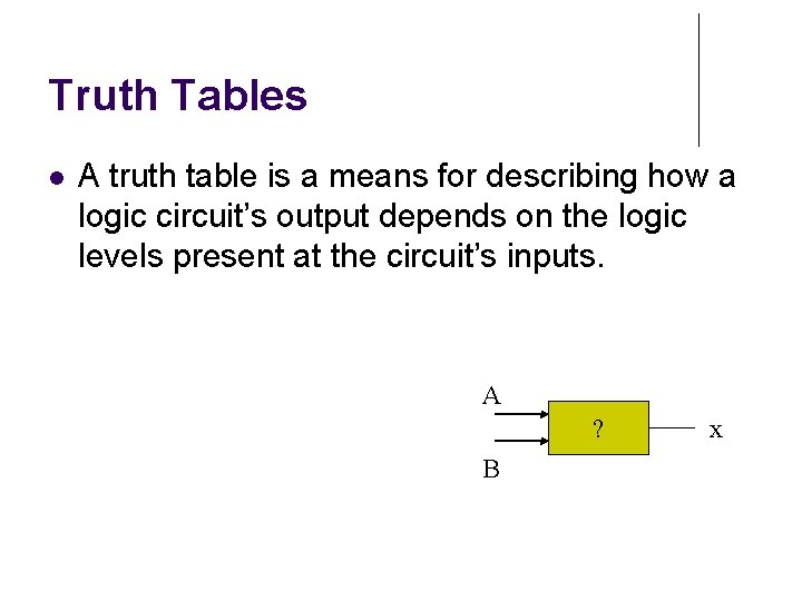 Truth Tables A truth table is a means for describing how a logic circuit’s