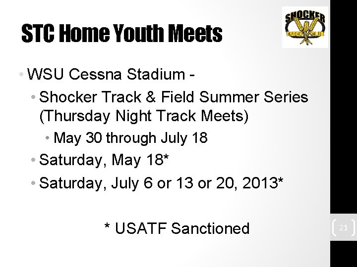 STC Home Youth Meets • WSU Cessna Stadium • Shocker Track & Field Summer