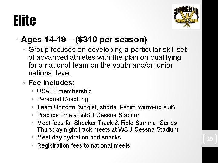 Elite • Ages 14 -19 – ($310 per season) • Group focuses on developing