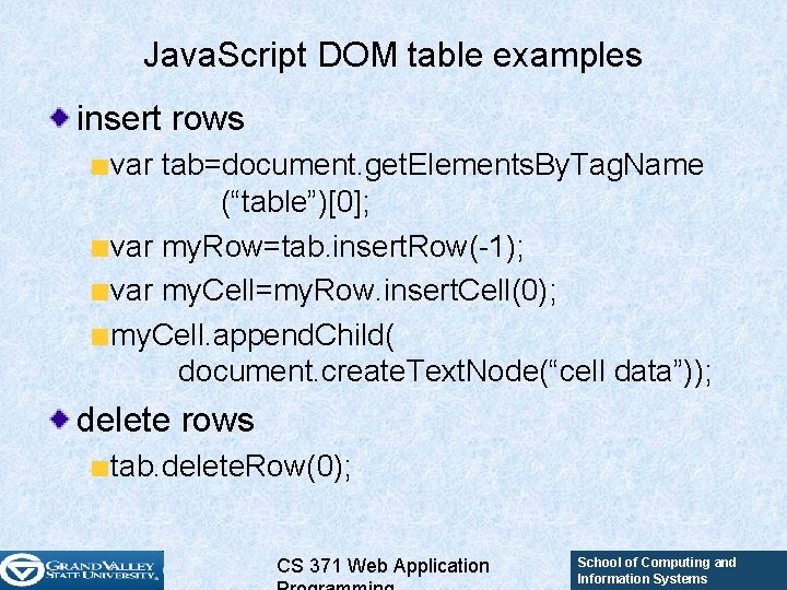 Java. Script DOM table examples insert rows var tab=document. get. Elements. By. Tag. Name Java. Script DOM table examples insert rows var tab=document. get. Elements. By. Tag. Name