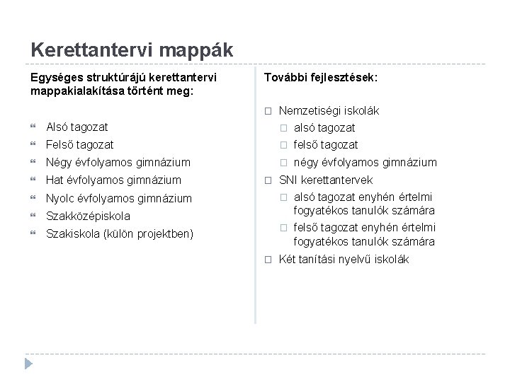 Kerettantervi mappák Egységes struktúrájú kerettantervi mappakialakítása történt meg: További fejlesztések: � Nemzetiségi iskolák Alsó