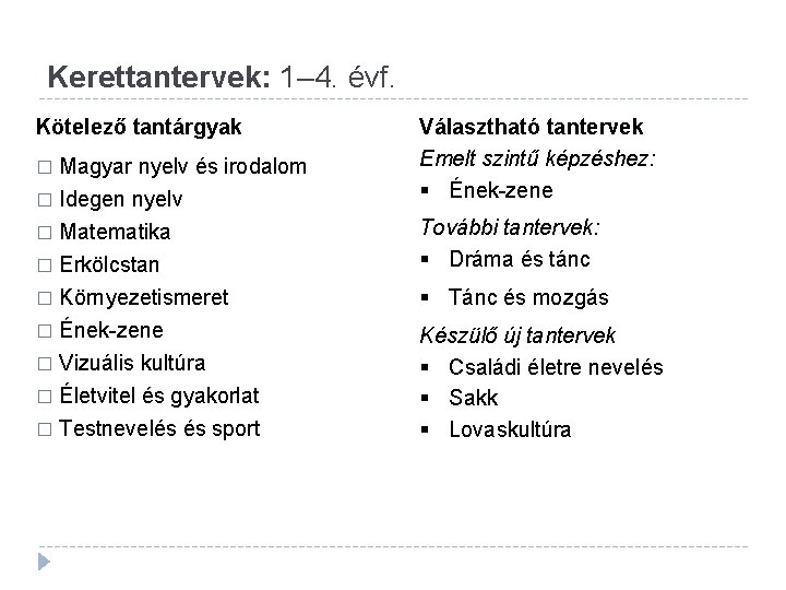 Kerettantervek: 1– 4. évf. Kötelező tantárgyak � Magyar nyelv és irodalom Idegen nyelv �