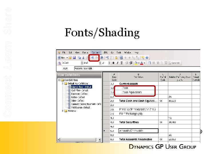 Connect Learn Share Fonts/Shading • Bold • Underline • Indent • Colors • Undo/Redo