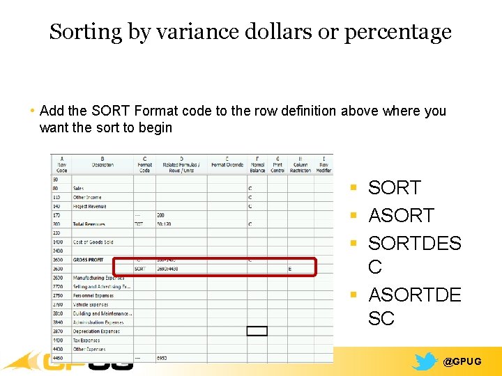 Sorting by variance dollars or percentage • Add the SORT Format code to the