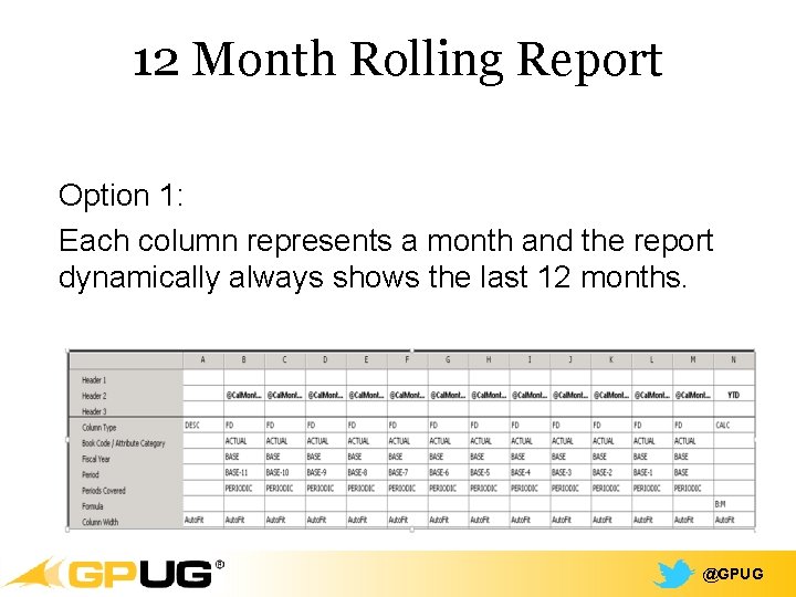 12 Month Rolling Report Option 1: Each column represents a month and the report