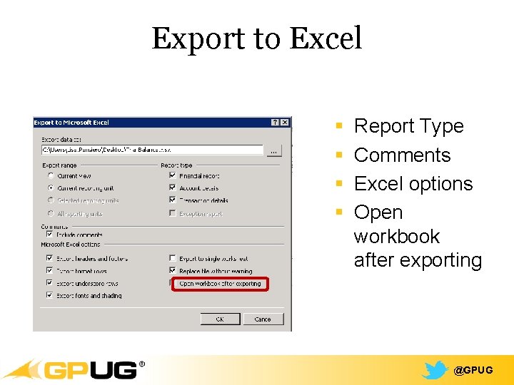 Export to Excel § § Report Type Comments Excel options Open workbook after exporting