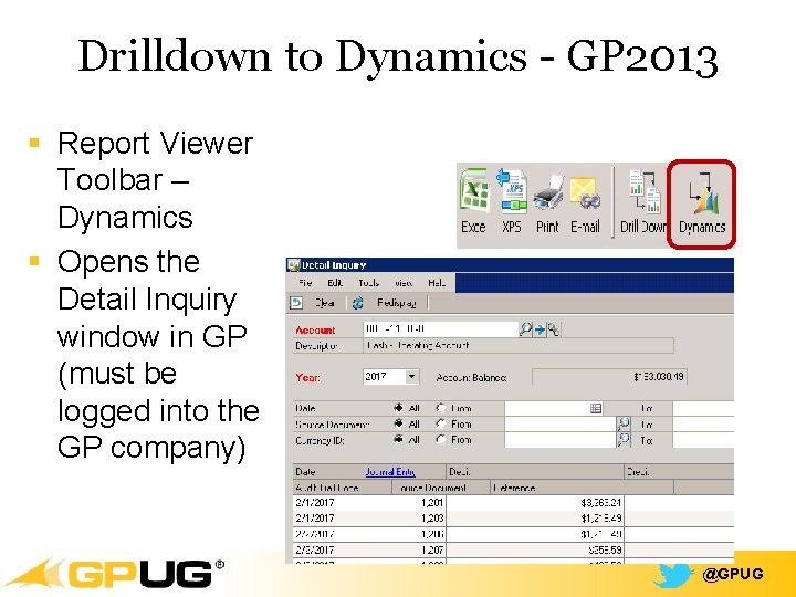 Drilldown to Dynamics - GP 2013 § Report Viewer Toolbar – Dynamics § Opens