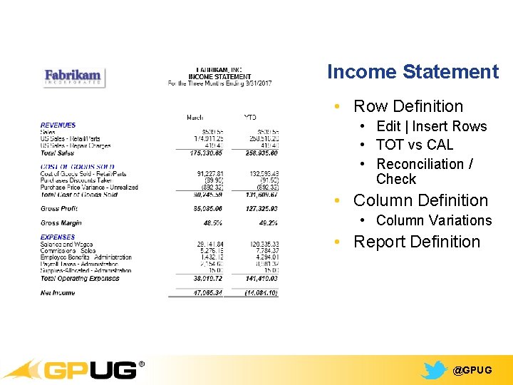 Income Statement • Row Definition • Edit | Insert Rows • TOT vs CAL