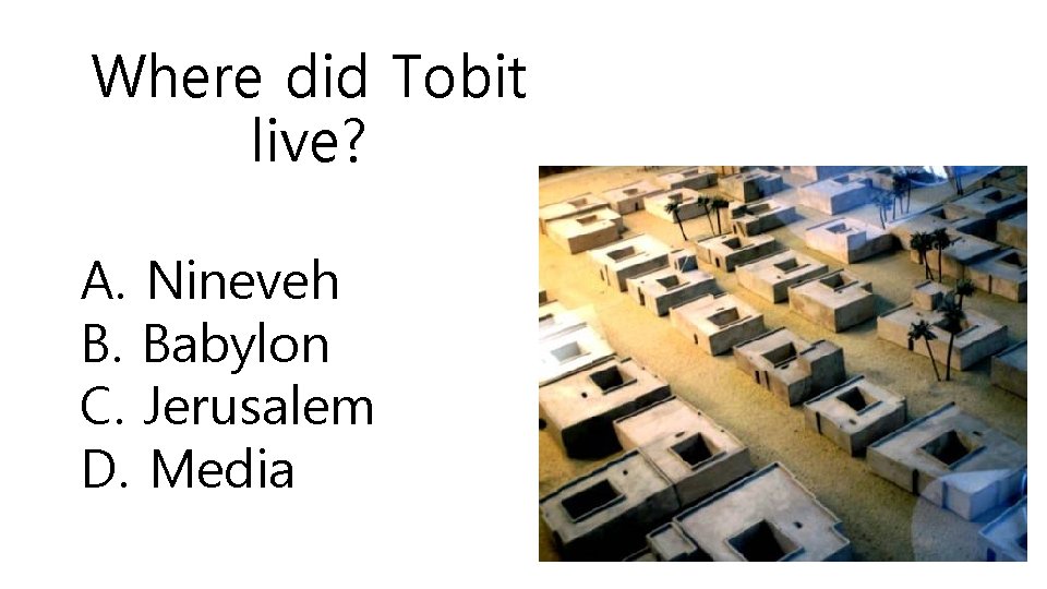Where did Tobit live? A. Nineveh B. Babylon C. Jerusalem D. Media 