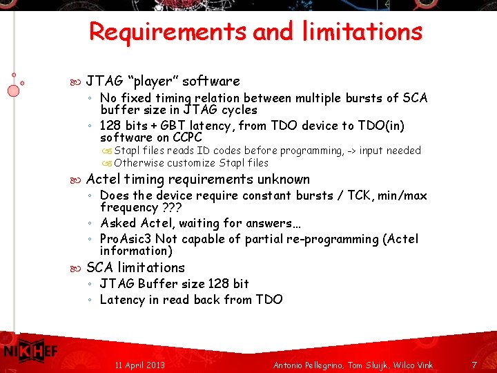 Requirements and limitations JTAG “player” software ◦ No fixed timing relation between multiple bursts