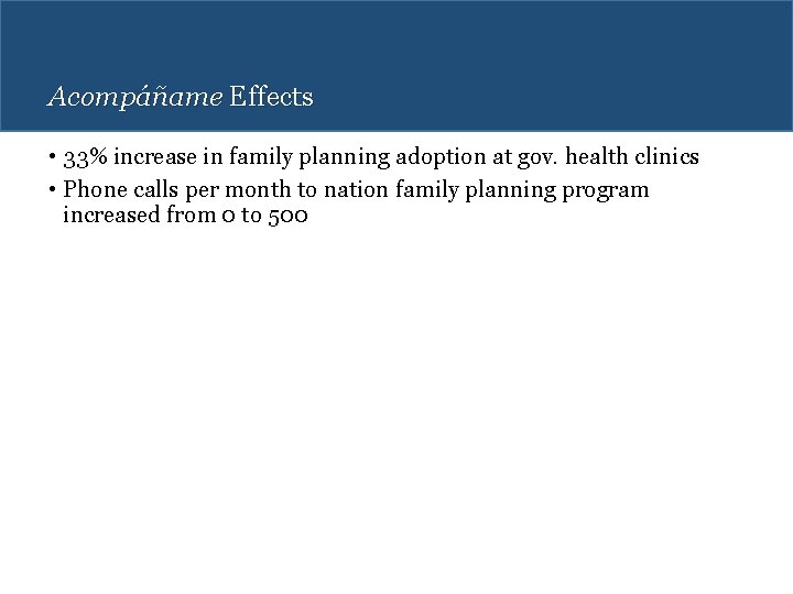 Acompáñame Effects • 33% increase in family planning adoption at gov. health clinics •