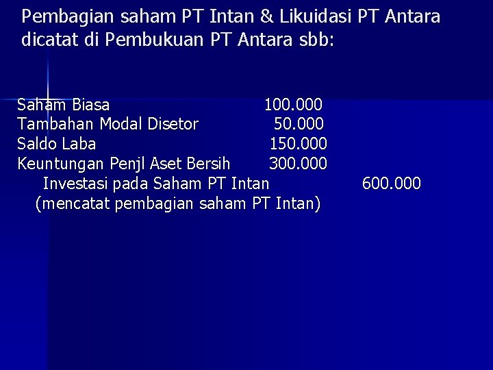 Pembagian saham PT Intan & Likuidasi PT Antara dicatat di Pembukuan PT Antara sbb: