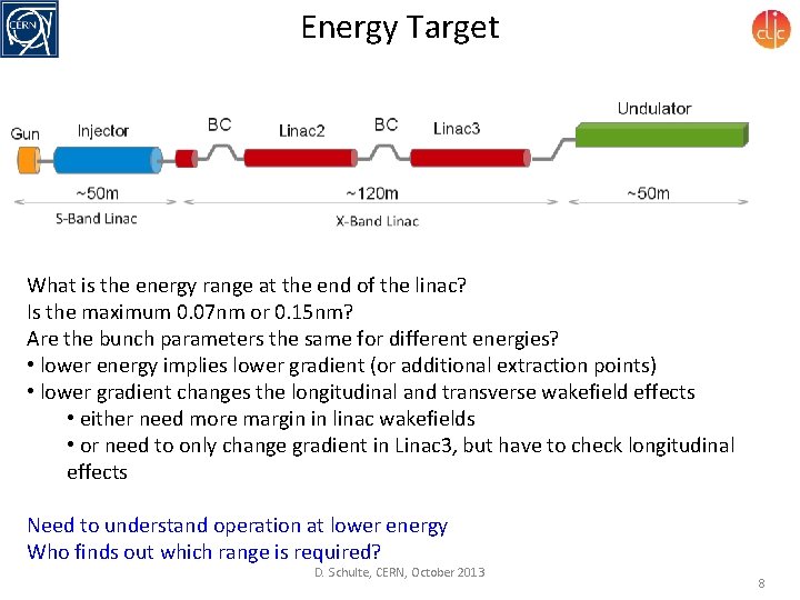Energy Target What is the energy range at the end of the linac? Is