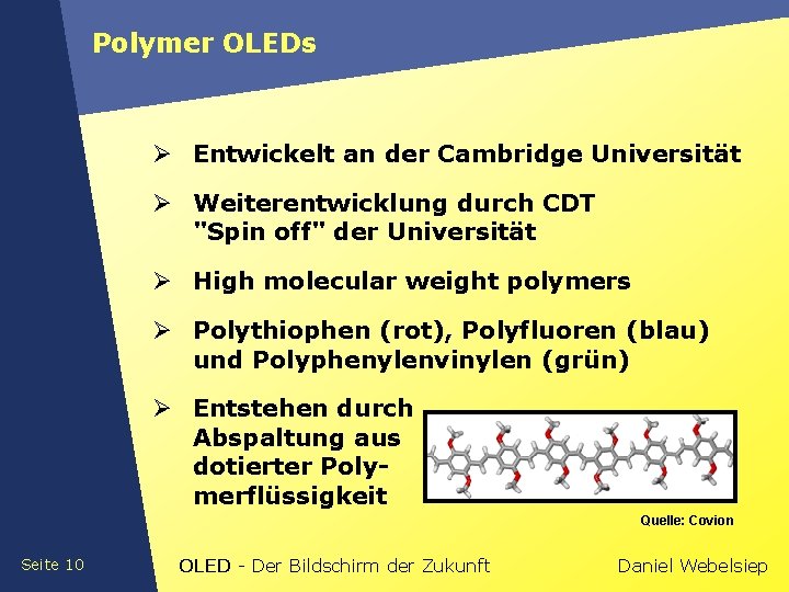Polymer OLEDs Ø Entwickelt an der Cambridge Universität Ø Weiterentwicklung durch CDT "Spin off"