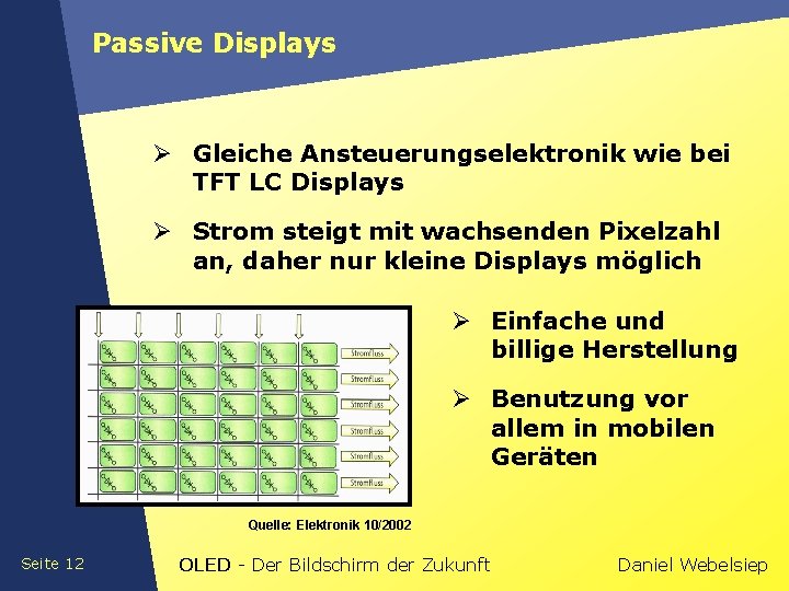 Passive Displays Ø Gleiche Ansteuerungselektronik wie bei TFT LC Displays Ø Strom steigt mit