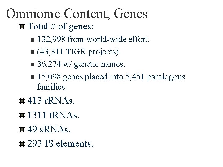 Omniome Content, Genes Total # of genes: 132, 998 from world-wide effort. n (43,