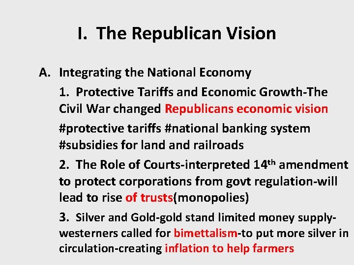 I. The Republican Vision A. Integrating the National Economy 1. Protective Tariffs and Economic