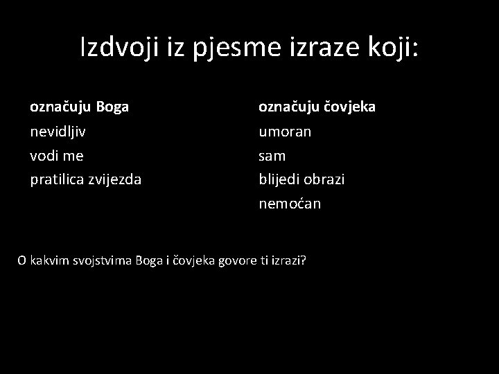 Izdvoji iz pjesme izraze koji: označuju Boga označuju čovjeka nevidljiv vodi me pratilica zvijezda