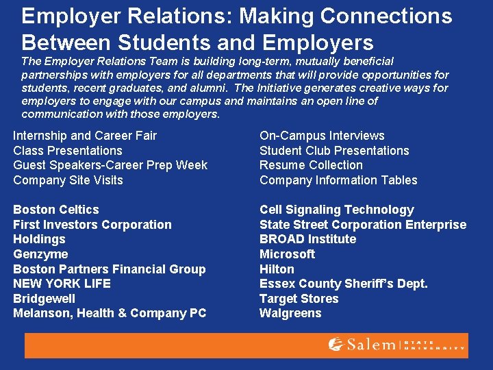 Employer Relations: Making Connections Between Students and Employers The Employer Relations Team is building