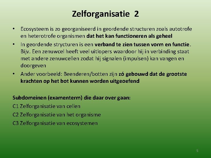 Zelforganisatie 2 • Ecosysteem is zo georganiseerd in geordende structuren zoals autotrofe en heterotrofe