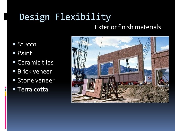 Design Flexibility Exterior finish materials Stucco Paint Ceramic tiles Brick veneer Stone veneer Terra