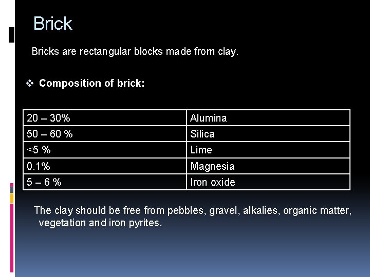  Bricks are rectangular blocks made from clay. v Composition of brick: 20 –