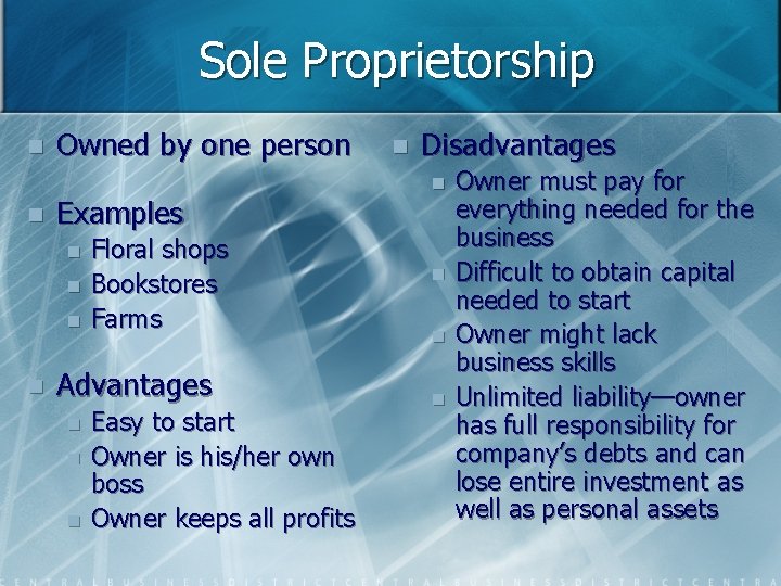 Sole Proprietorship n n Owned by one person Examples n n Floral shops Bookstores